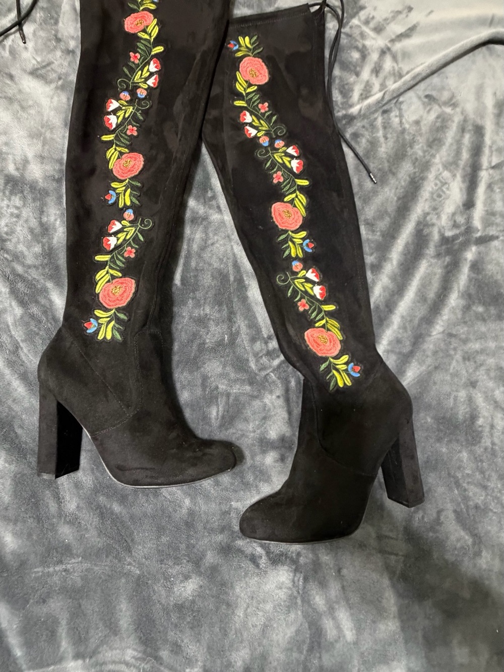 Merona Black Floral Embroidered Over the Knee Block Heel Boots 7.5